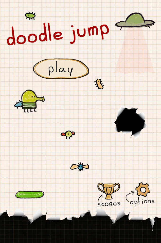 Doodle Jump title screen on graph paper with the play button, a UFO, a black hole and the scores and options buttons