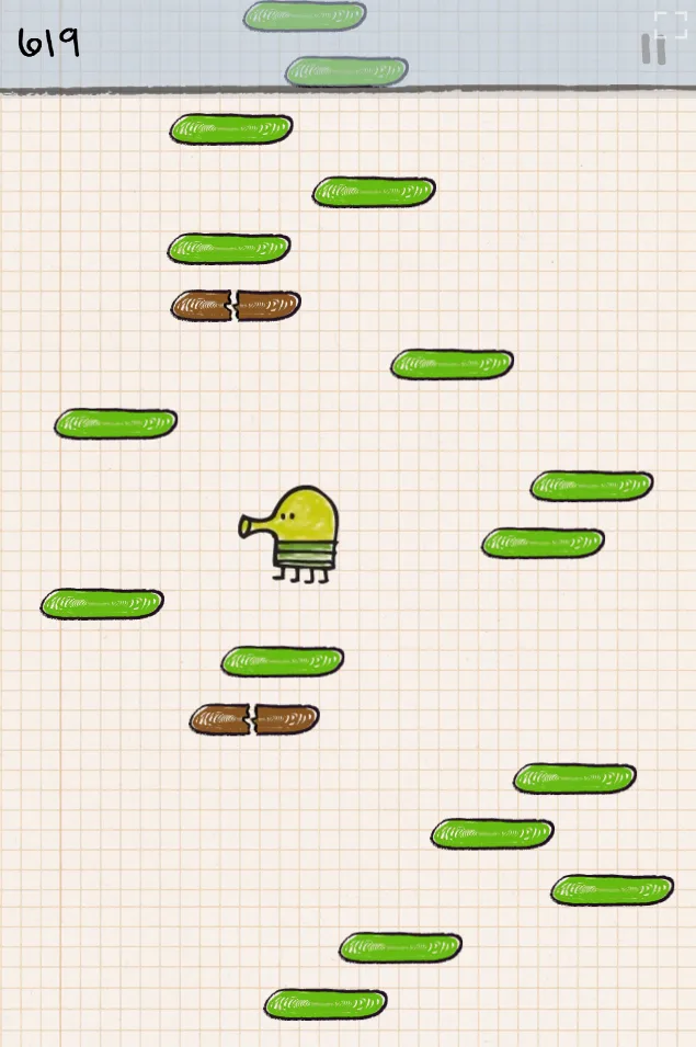 Doodle Jump at 619 points, showing blue moving platforms drifting overhead and two brown breakable platforms in the climb